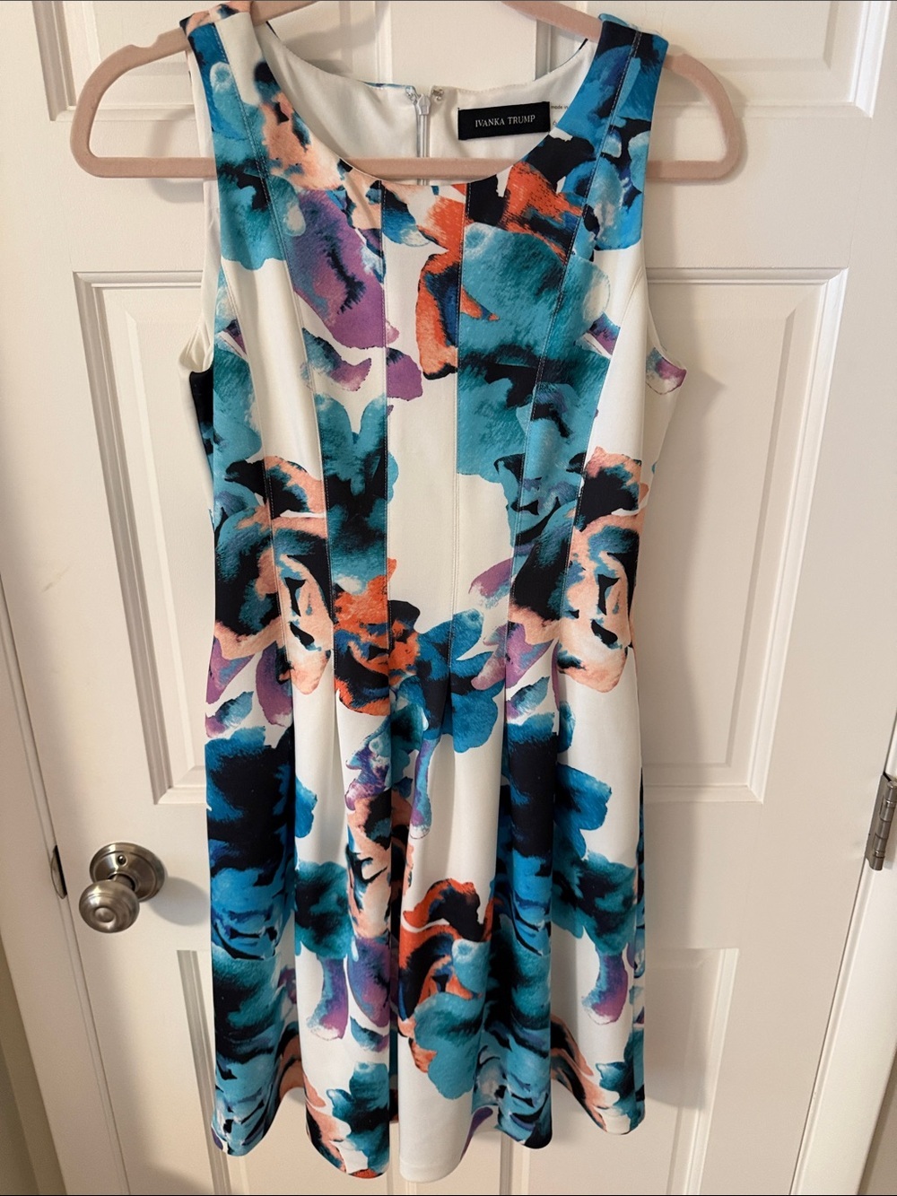 Ivanka Trump Abstract Watercolor Floral Scuba Sleeveless Fit & Flare Dress 6